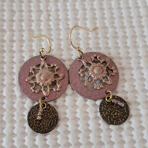 Gold Tone Copper Bronze Rose Gold Floral Believe Disc French Hook Drop Earrings